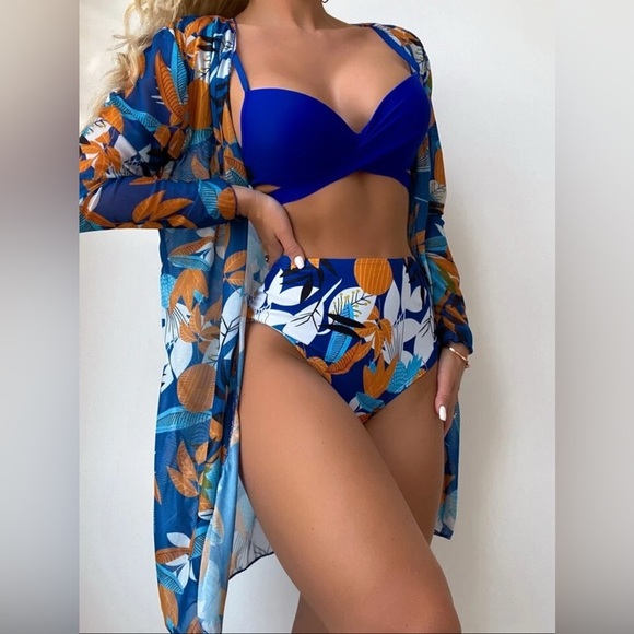 SHEIN Swim Plant Print Bikini Set Wrap Push Bra & High waisted Bottom (869) - Picture 1 of 14